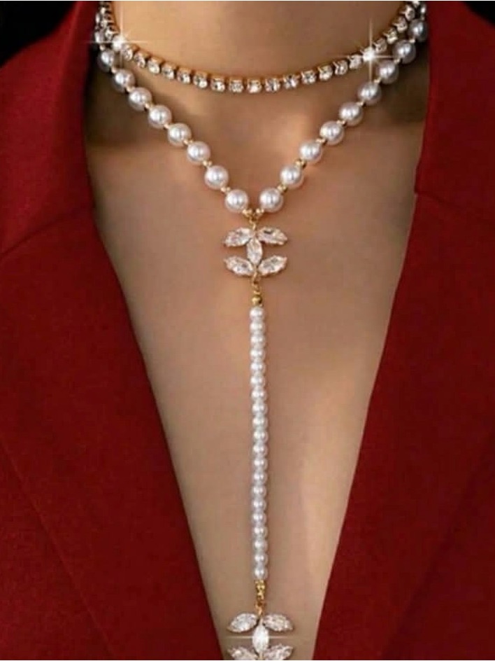 Nordstrom White Pearl And Gold Y-Drop Necklace With Crystal Choker